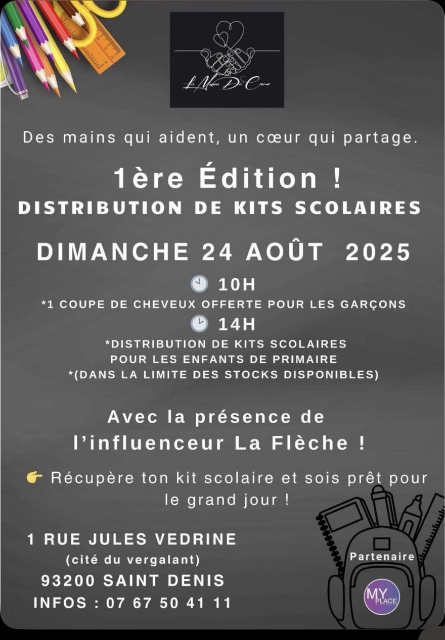 Affiche de la première distribution de kits scolaires, dimanche 24 août 2025, 1 rue Jules Vedrine à Saint-Denis